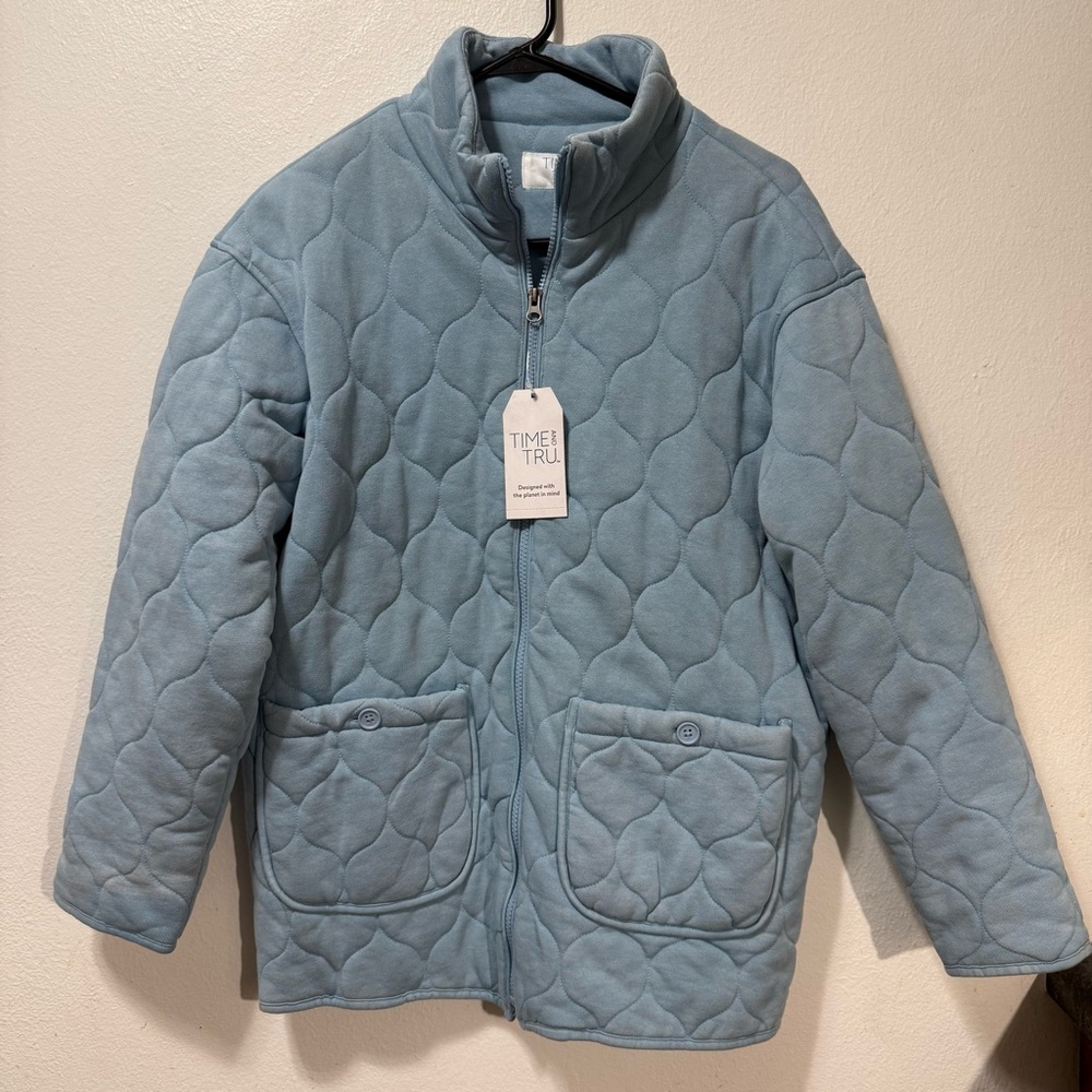 Time and Tru Women's Light Blue Quilted Chore Coat Full Zip‎ Small Pockets New